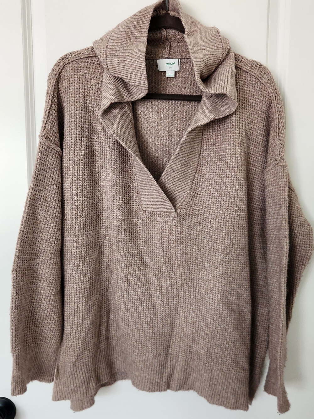 aerie Open-Collar V-Neck Sweater in Taupe